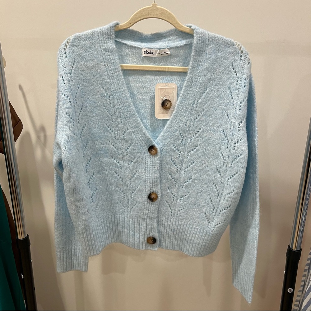 Elodie Pale Blue Pointelle V-Neck Button Cardigan